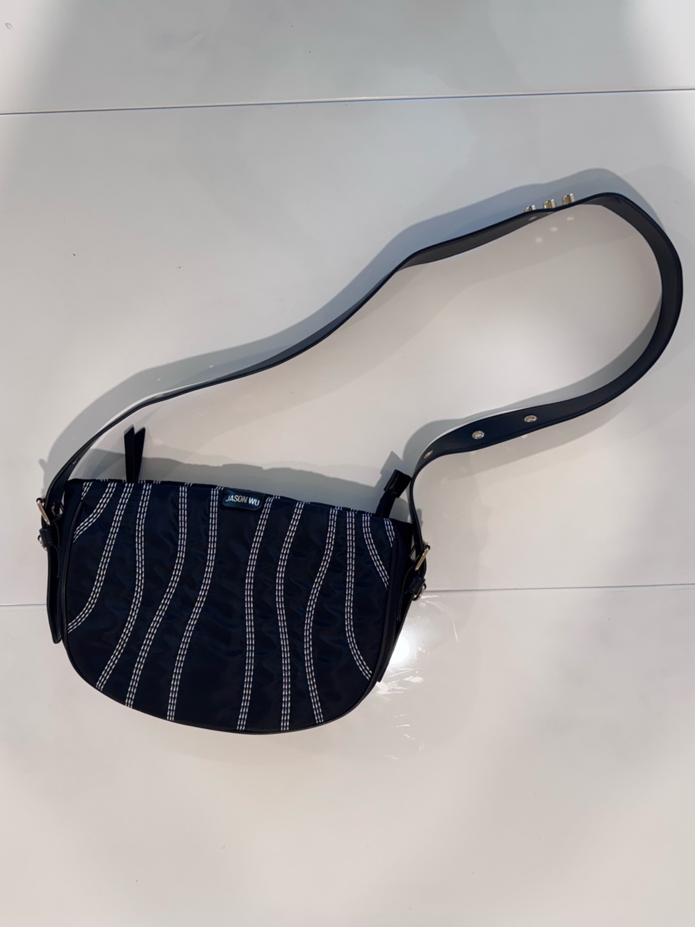 Jason Wu Black Quilted Nylon Crossbody with Wave Stitching and Metal Studs